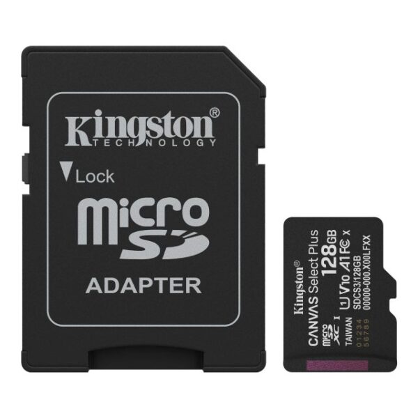 Secure Digital Micro Kingston 128GB SDXC Canvas Select Plus cl10 UHS-I V10 150MB Read A1 w/Adapter